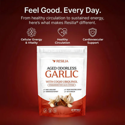 Resilia Odorless Aged Garlic Extract Softgels (60 Count) 600mg Aged Garlic Extract Per Serving | With CoQ10 Ubiquinol & Vitamin K2 (MK-7) | Dietary Supplement