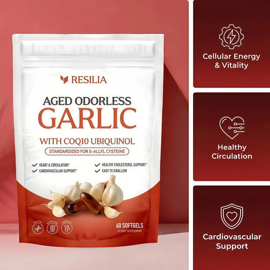 Resilia Odorless Aged Garlic Extract Softgels (60 Count) 600mg Aged Garlic Extract Per Serving | With CoQ10 Ubiquinol & Vitamin K2 (MK-7) | Dietary Supplement
