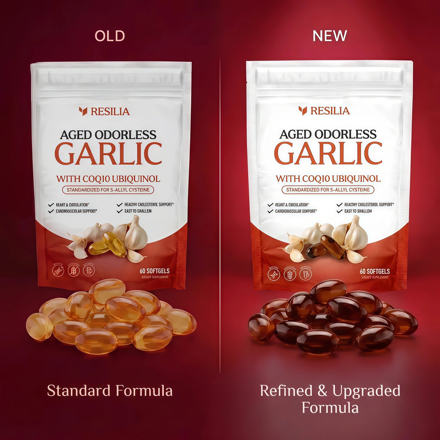 Resilia Odorless Aged Garlic Extract Softgels (60 Count) 600mg Aged Garlic Extract Per Serving | With CoQ10 Ubiquinol & Vitamin K2 (MK-7) | Dietary Supplement