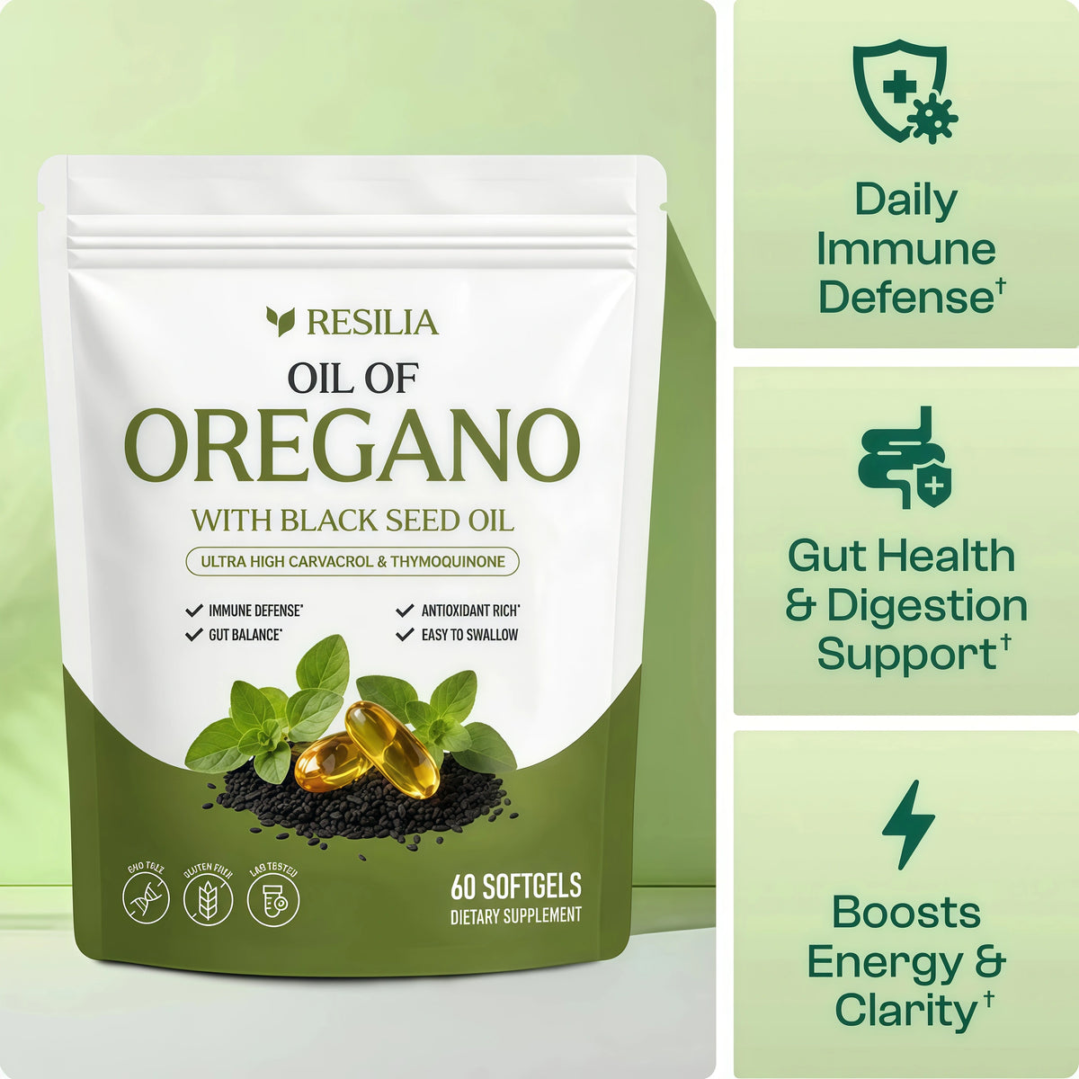 Resilia Softgels with Black Seed Oil – Premium Grade Oregano Oil Capsules for Immune & Digestive Support – Gluten-Free Softgels – Natural Herbal Wellness Supplement (60 Count)